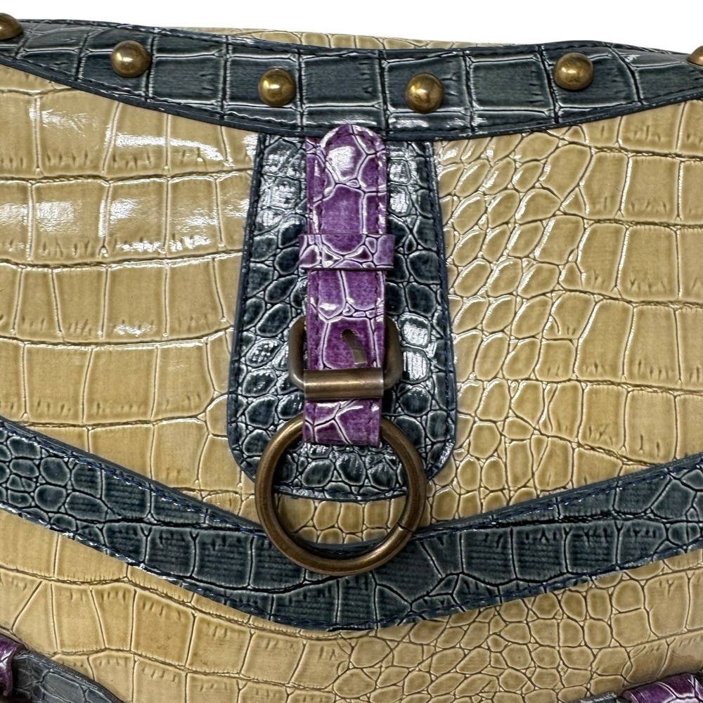 Handbag Green And Purple Faux Crocodile Pattern Shoulder Bag Snap Close - Picture 3 of 11